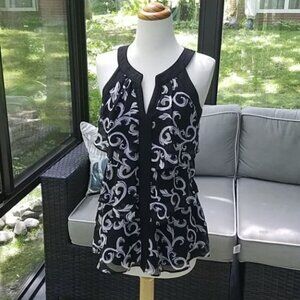 WHBM Black Multi Print Sleeveless Tiered Blouse XS